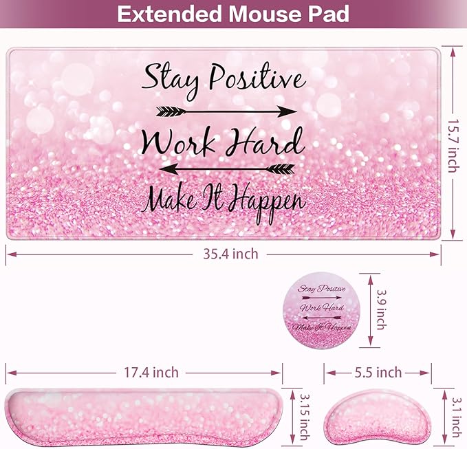 Mousepad Pink, Mouse Pad with Wrist Rest, 4-in-1 Large Mousepad+Keyboard Wrist Rest+Mouse Pad Wrist Support+Cup Pad Set,Ergonomic Mouse Pad,Anti-Slip,Memory Foam Desk Mat for Women Office Gaming