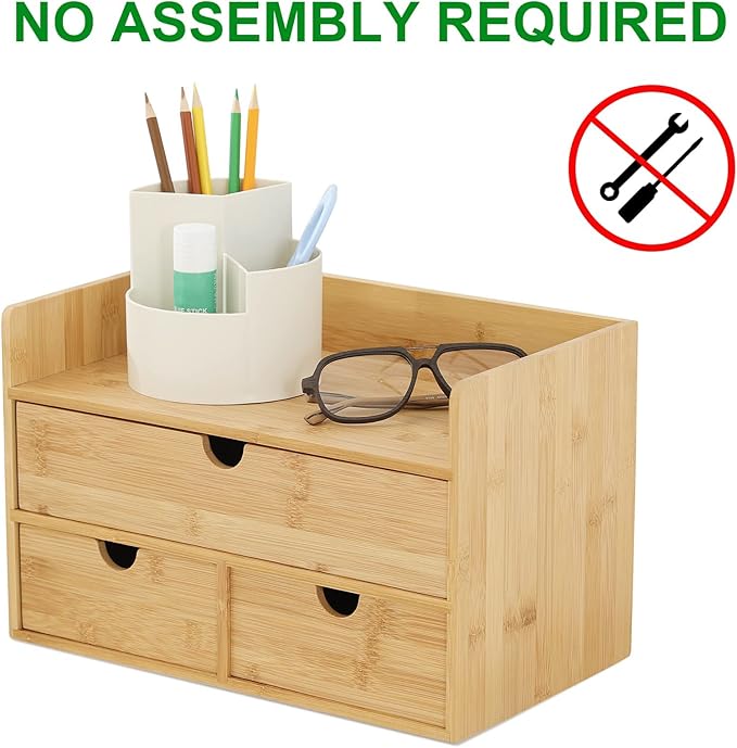 Wisuce Bamboo Desk Organizer, Mini Desktop Drawer Tabletop Storage Organization Box for Office Home Toiletries Supplies Vanity, No Assembly Required (3 Drawer with Shelf)