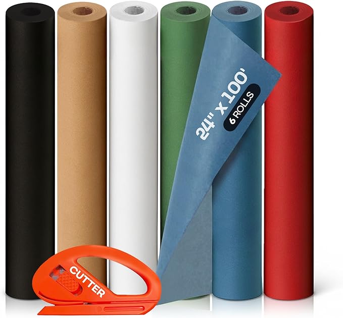 Assorted Colors Construction Paper with Cutter, Set of 6 Rolls 24" x 1200" (100 ft) - USA-Made Natural Multi-Color Paper for Gift Wrapping, Kids' Arts & Crafts, School & DIY Projects by IDL Packaging