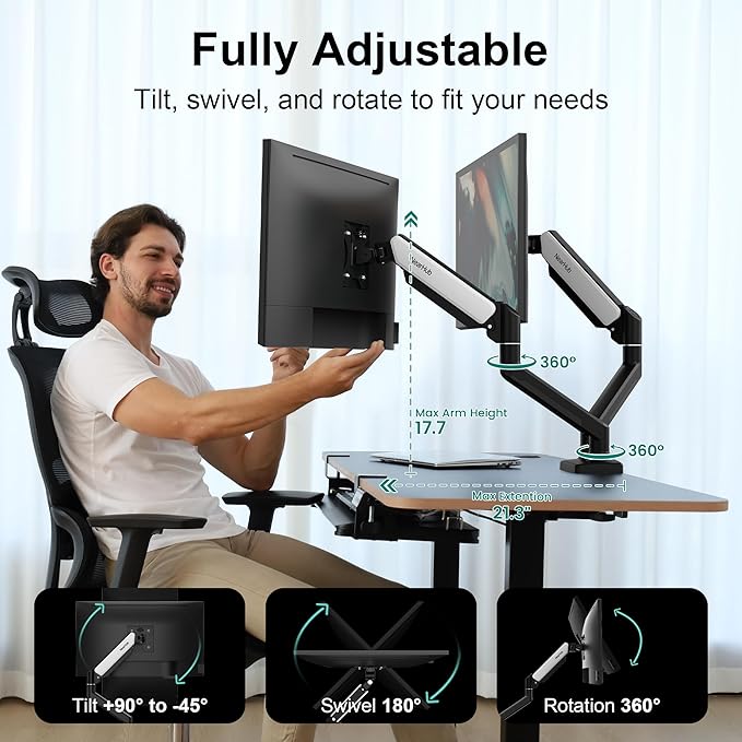 NearHub Dual Monitor Desk Mount for 13-32" Computer Screen,Adjustable Gas Spring Monitor Arm,Each Arm Holds 4.4 to 22 lbs,Swivel/Tilt/Rotation,VESA 75X75mm 100X100mm,C Clamp & Grommet Mounting Base