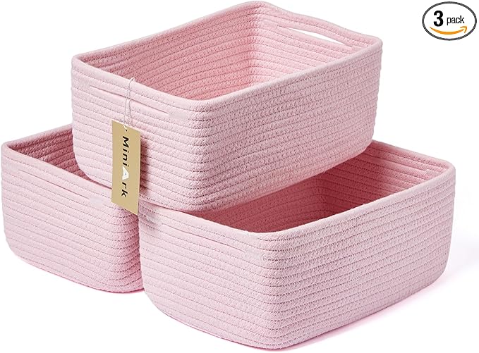 Small Storage Baskets for Organizing | Closet Organizer Bins | Shelf Toy Basket | Woven Rope Baskets | Cube Decorative Box | Shallow Basket | 13x8.5x5.1” | 3 Packs Pink