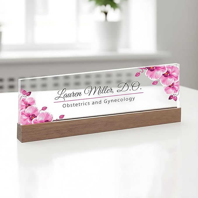 ARTBLOX | Office Personalized Name Plate Pink Orchid V2 Design On Clear Acrylic Glass for Desk with Business Card Holder