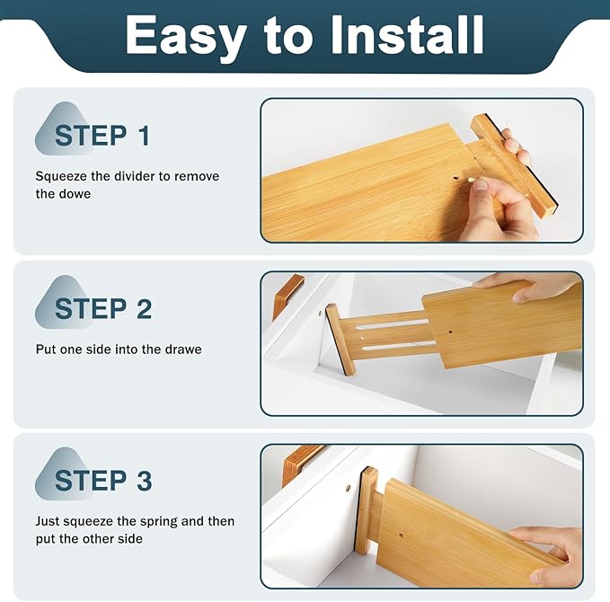Lzerking Kitchen Drawer Dividers 6 Pack, 4.65" High Adjustable Bamboo Drawer Organizers for Clothes (12-17.5"), Spring Loaded, Expandable Utensil Organizer for Kitchen Storage, Dresser, Bedroom