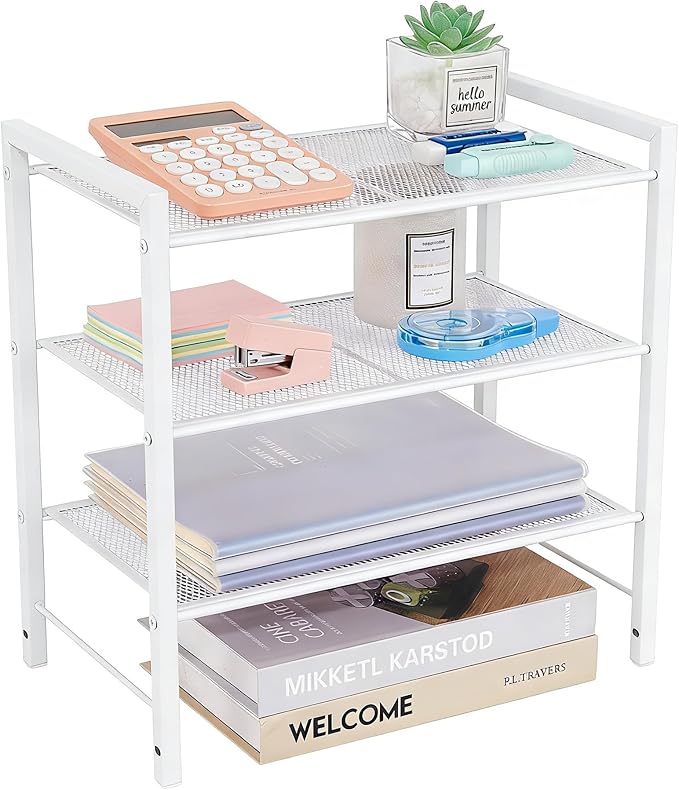 Desktop Shelf Organizer, 3-Tier Office Storage Rack, Adjustable Metal Bookshelf for Top of Desk, White Desk Organizer for Office, Home, Dorm and Small Spaces (White)
