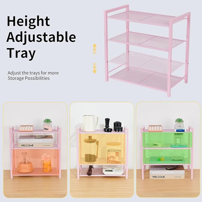 Desktop Shelf Organizer, 3-Tier Office Storage Rack, Adjustable Metal Bookshelf for Top of Desk, Pink Desk Organizer for Office, Home, Dorm and Small Spaces (Pink)