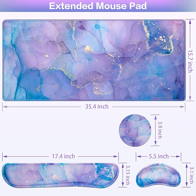 4-in-1 Mouse Pad with Wrist Rest Set Purple,35.4×15.7in Large Gaming Mouse Pad+Keyboard Wrist Rest+Wrist Mousepad+Cup Pad,Ergonomic Mouse Pads,Anti-Slip,Waterproof Keyboard Pad for Home Office
