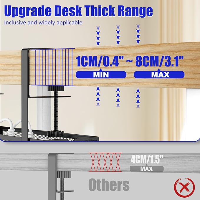 REFLYING Under Desk Cable Management Tray, Metal Long Arms (3.9in), No Drill Mesh Cable Tray, Wire Organizer, 1 Pack, Black