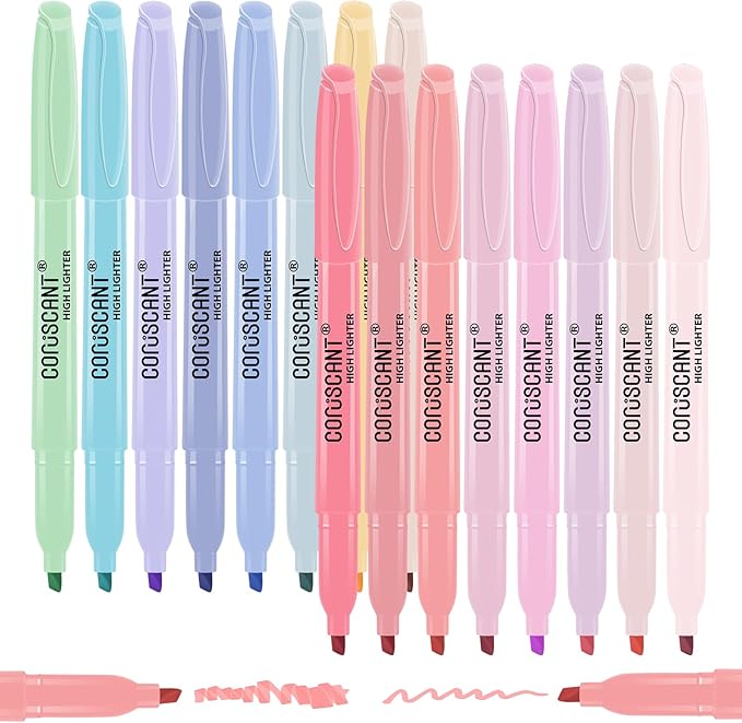 coruscant Pastel Highlighters Set, Assorted Colors Chisel Tip Cute Bible Highlighters, No Bleed Dry Quickly, for Journal Bible Study, Perfect for thin paper, School Office Supplies, 16 Pack