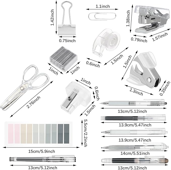 Colarr Mini Office Supply Kit Includes Stapler Tape Dispenser Staple Remover Paper Clips Scissor Staples Pen Sharpener Note Small Telescopic Knife for Office and School Clerk Student (Clear)