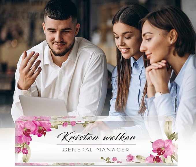 Desk Name Plate Personalized, Custom Name Plates for Desks, Office Desk Decor, Orchids Style Clear Acrylic Glass Block, Personalized Office Gifts for Women Men Boss Teachers Coworker Appreciation Gift