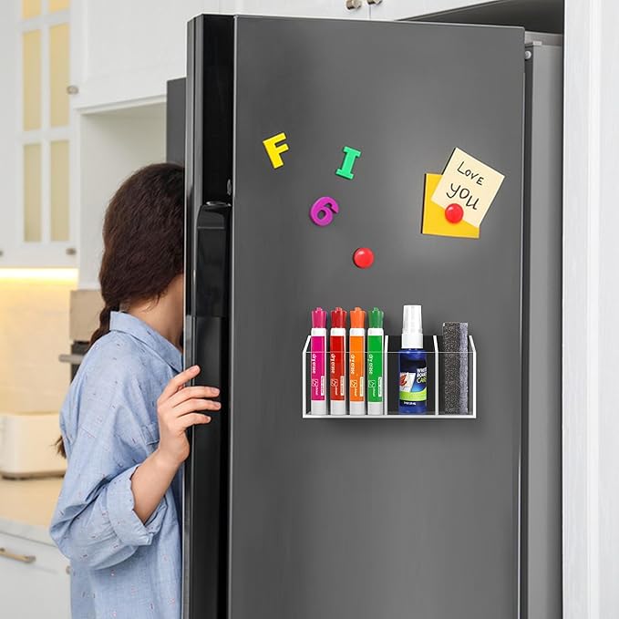 HBlife Magnetic Dry Erase Marker Holder for Whiteboard with 3 Compartments, Acrylic Wall Mount Magnet Pen Pencil Holder for Refrigerator, Locker Organizer Accessories for Classroom Office, Clear