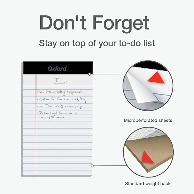 Oxford Premium Legal Pads, 12 Pack, Premium Note Pads, 50 Legal Ruled 5" x 8" Sheets, Bright White Paper with Firm Back, Small Portable Notepads