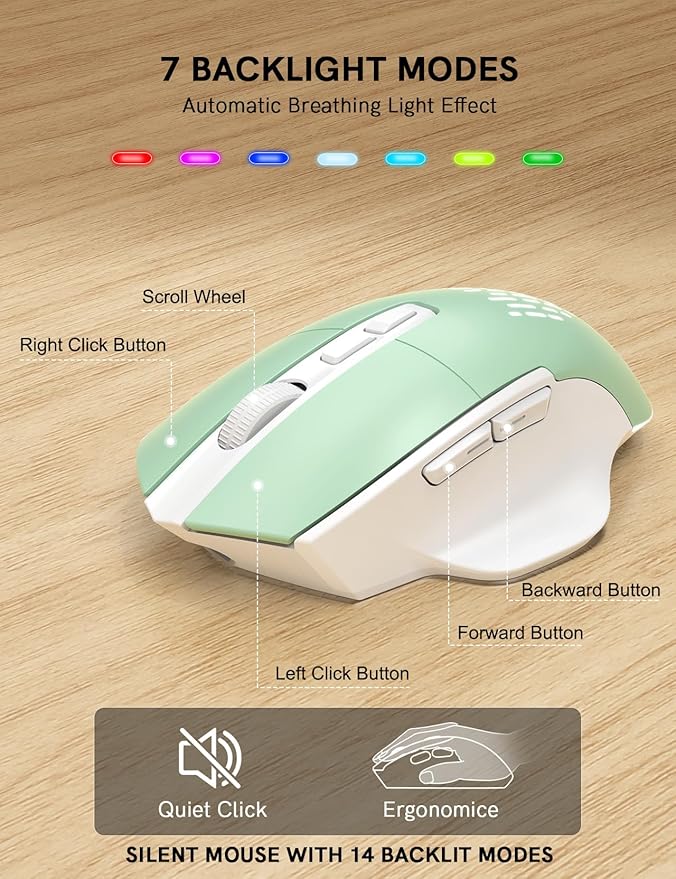 SABLUTE Ergonomic Wireless Keyboard and Mouse Combo - Wave Keyboard with Soft Leather Wrist Rest, Resistant Keys, RGB Backlit Rechargeable Set for PC/Mac/Chromebook (Green)