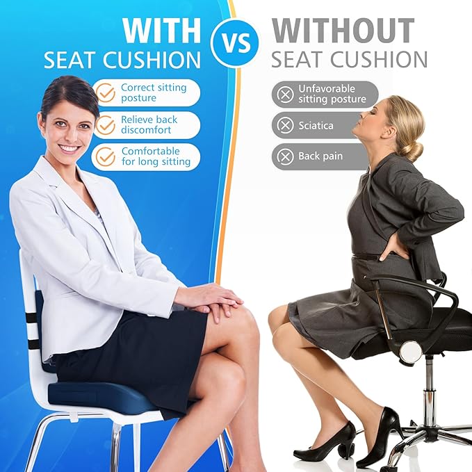 Seat Cushion, Lumbar Support Pillow with Adjustable Strap-Chair Cushions for Sciatica Pain Relief-with Washable Cover Memory Foam for Car, Travel and Wheelchair-Blue X-Large