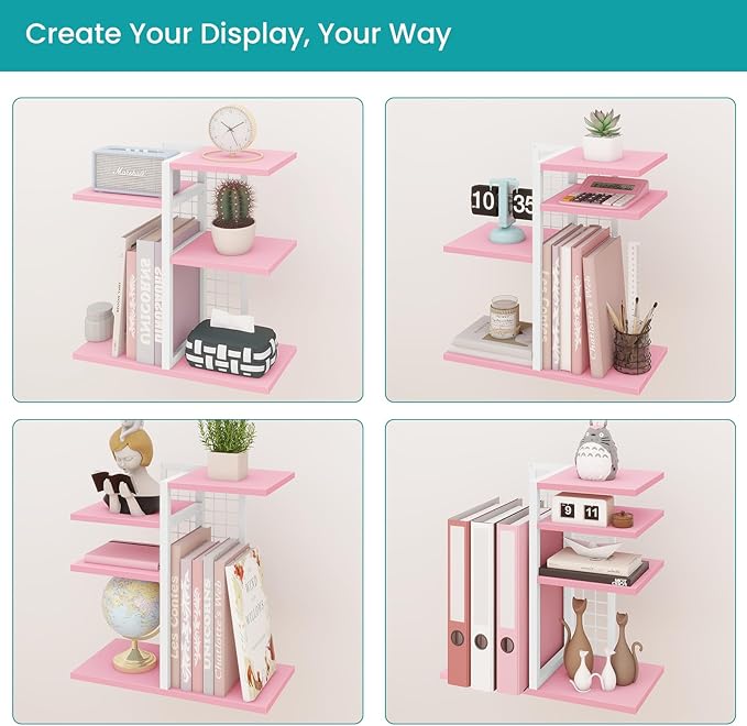 ELITEROO Desktop Bookshelf, Tiered Desk Organizer Shelf, Wooden Tabletop Bookshelf Small Desk Book Shelf, Dresser Top Organization Storage Rack and Desk Decorations for Women Office, Pink