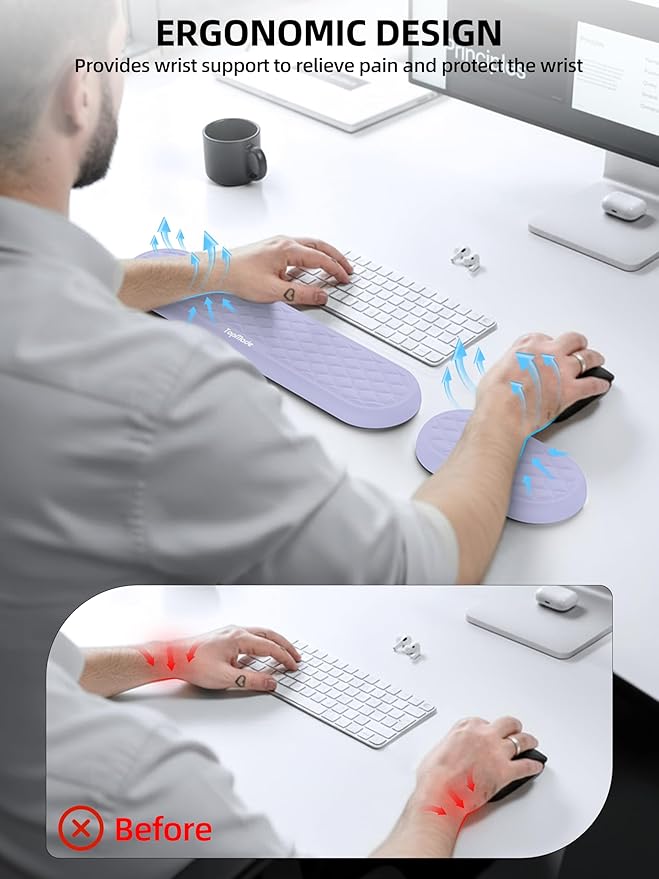 TopMade Upgraded Wider Wrist Rest Set, Soft Memory Foam Keyboard Hand Rest Pad, Computer Ergonomic Keyboard Mouse Wrist Support for Typing Pain Relief, Comfort for Office, Gaming, Study, Purple