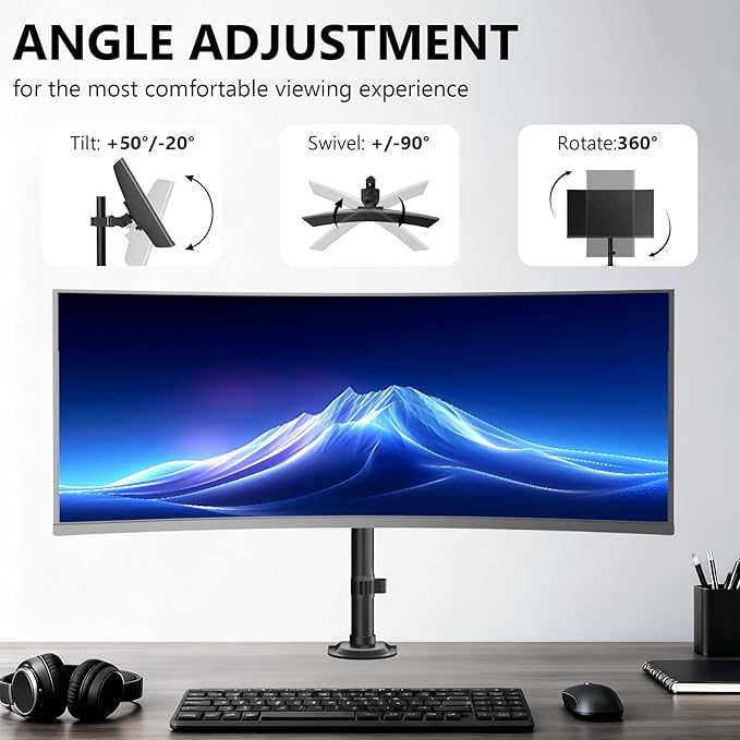 WALI Heavy Duty Single Monitor Arm Desk Mount for 13-49 Inch Screens, Ultrawide Monitor Stand with Full Motion Tilt, Swivel, Rotation, Holds up to 44 lbs, C-Clamp Mount for VESA 75/100mm,(M001S)