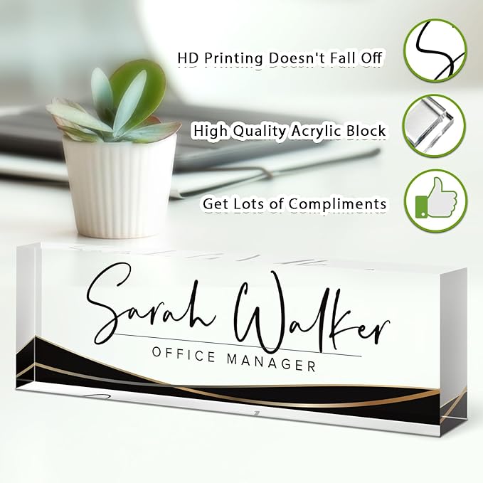 Custom Name Plate for Desk, Desk Name Plate Personalized, Office Decor for Women Men, Acrylic Desktop Accessories, Office Appreciation Gifts for Boss Social Workers Nurse Teacher Employee (Black Stripe)