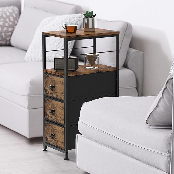 YBING Narrow Dresser for Bedroom, Dresser with 3 Fabric Drawers, Slim Bedside Table with Open Storage Shelf, Small Side Table for Small Spaces, Brown