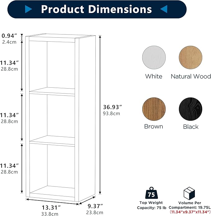 3 Cube Storage Organizer Single Row, Cube Shelf with Heavy-Duty Thick Boards, 13.31" L x 9.37" W x 36.93" H, Smooth Easy-Clean Panels, Simple Assembly, for Living Room Bedroom Office, White