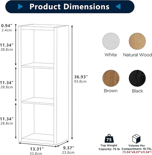 3 Cube Storage Organizer Single Row, Cube Shelf with Heavy-Duty Thick Boards, 13.31" L x 9.37" W x 36.93" H, Smooth Easy-Clean Panels, Simple Assembly, for Living Room Bedroom Office, Brown
