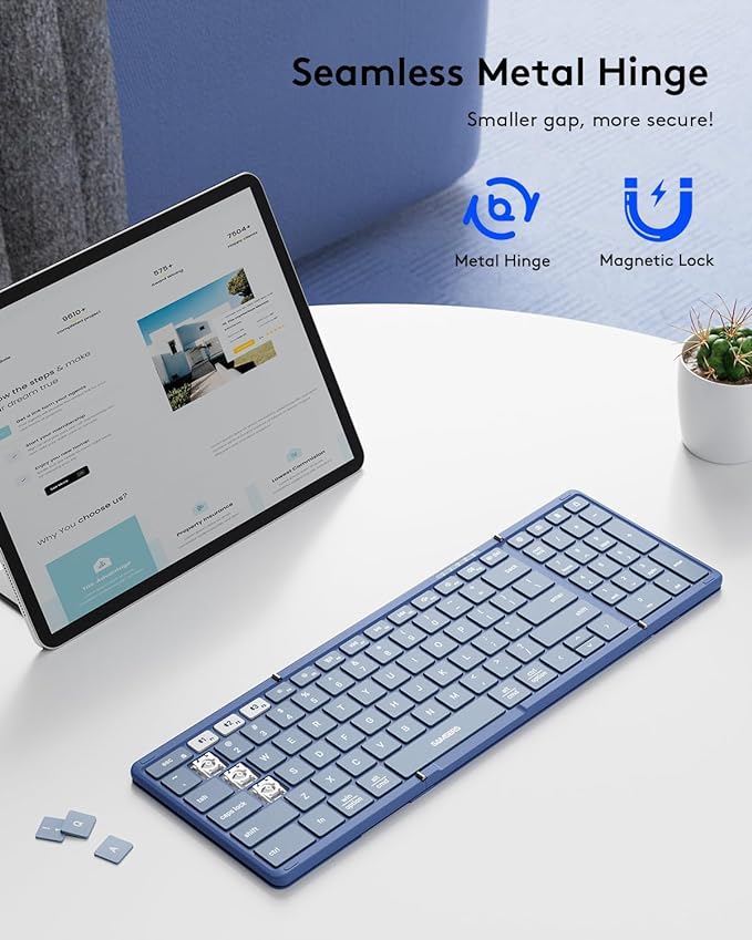 Samsers Foldable Bluetooth Keyboard with Numeric Keypad, Full-Size Wireless Folding PU Leather, Portable Travel for iOS Android Windows Mac OS, Support 3 Device(BT5.1 x 3) Blue