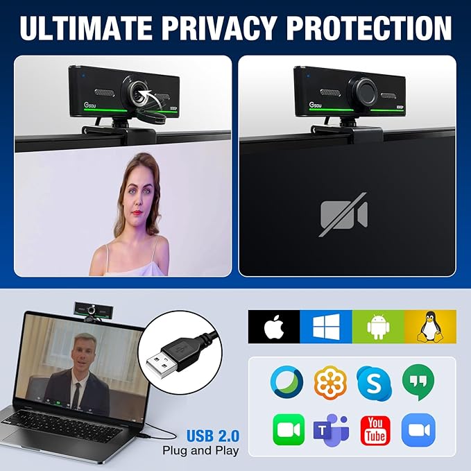 Gsou 1080P Webcam with Mics, Auto Light Correction, USB Plug&Play, Privacy Cover, Computer Webcam Connect Bluetooth Headset/Earphone/Speaker, Full HD for Business Meetings & Live Streaming