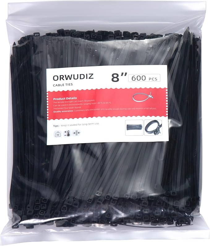 600 Pcs 8 Inch Cable Zip Tie, ORWUDIZ Multifunctional Tie, Nylon 66 Material, Tensile Strength 50 Lbs, Black, Cable Binding Classification, Suitable for Industrial, Outdoor, Home, Office Use