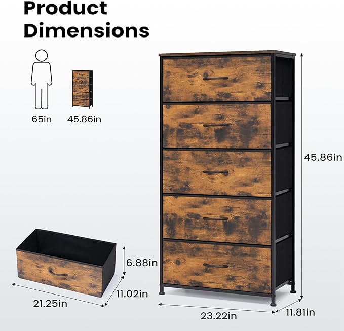 Crestlive Products Vertical Dresser Storage Tower - Sturdy Steel Frame, Wood Top, Easy Pull Fabric Bins - Wide Organizer Unit for Bedroom, Hallway, Entryway, Closets - 5 Drawers(Rustic Brown)