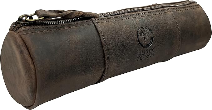 Rustic Town Leather Pencil Case - Full Grain Leather Zippered Pen Pouch - Stationery Bag Pen Holder for Work & Office