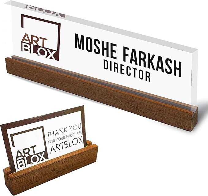 Artblox Personalized Office Desk Name Plate and Business Card Holder | Clear Acrylic Glass with Teak Wood Stand | Business Logo Customized with Your Name and Credentials Office Desk Décor
