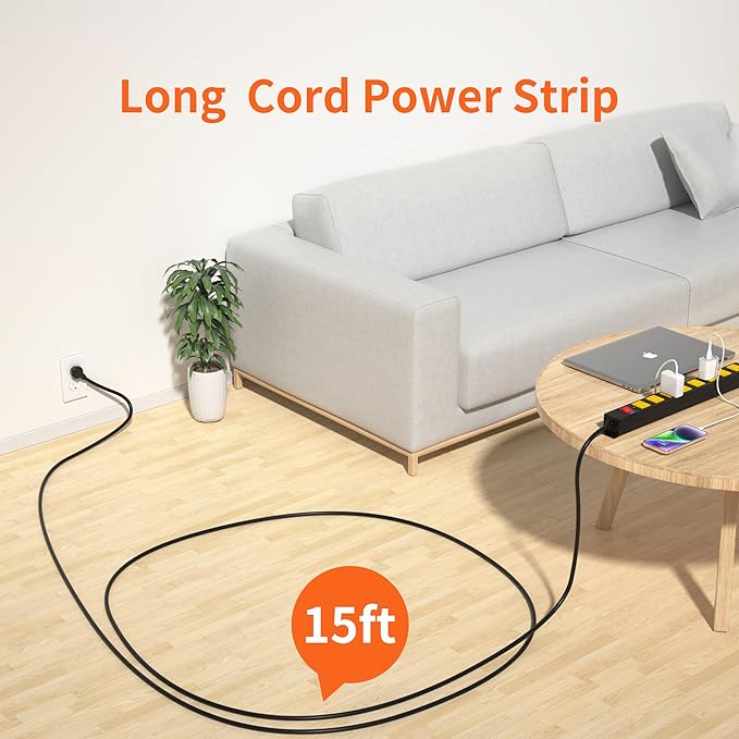 8 Outlet Metal Heavy Duty Long Power Strip, 2100J Surge Protector with 15 FT Extension Cord, Wide Spaced and Wall Mount Powerstrip for Home, Industrial, Workshop & Garage (15FT)