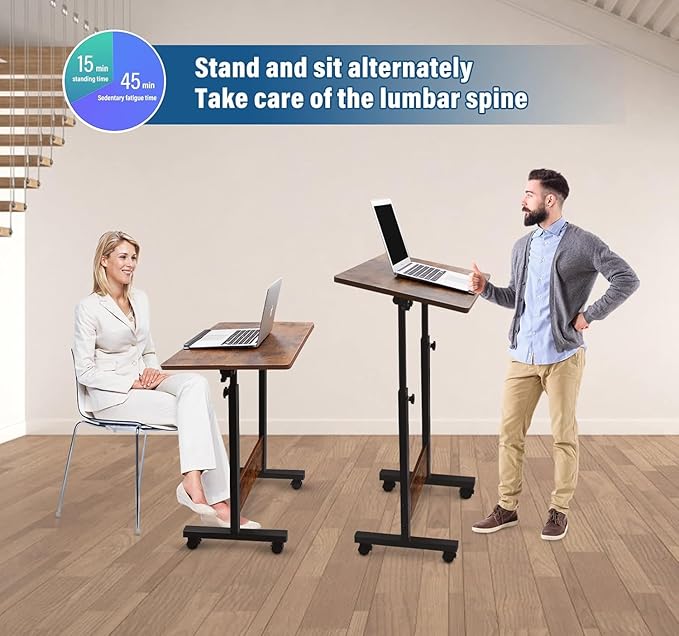 KOUPA Height Adjustable Standing Desk,widths16 in Length 31 in, Portable Rolling Mobile Stand Up Table with Wheels, 360 Degree Flip Laptop Computer Desk for Home Office, Rustic Brown