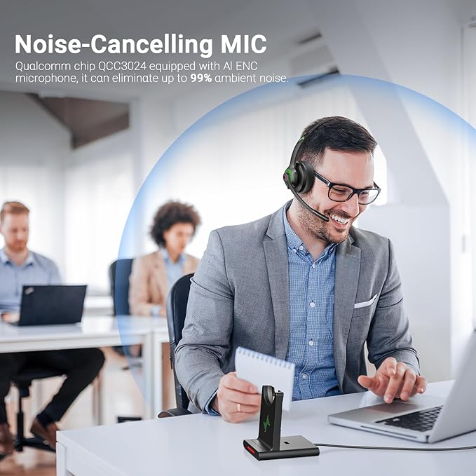 JIAMQISHI Wireless Headset with Mic for Work, Clear Call, Bluetooth 5.2 Headphones with USB Dongle & Mic Mute Function, Special Charging Base, Applicable to PC, Laptop, Phone, Android, Zoom, Office