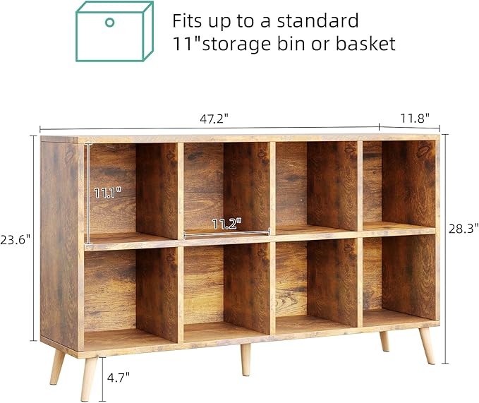 8-Cube Bookshelf 2 Tier Retro Bookcase with Legs, 11in Shelf Opening, 47" Wood Bookshelves Storage Organizer Shelf, Freestanding Open Book Shelves for Bedroom Living Room Office, Rustic Brown