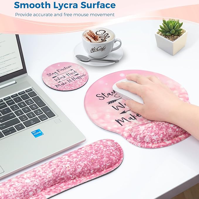 Mouse Pad and Keyboard Wrist Rest Support, with Non-Slip PU Base,Gel Mouse Pad with Coaster,Pain Relief for Gaming, Computer,Office -Pink Positive