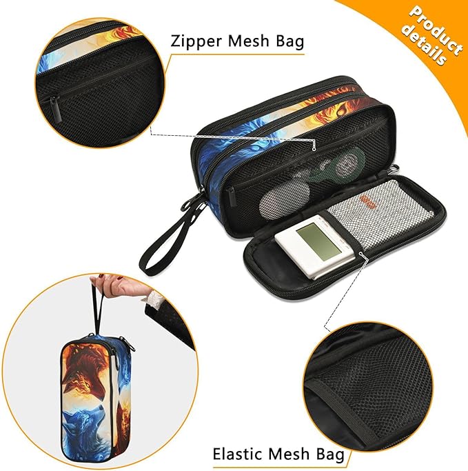 Wolf Ice Blue Fire Pencil Case Box Boys Girls Large Pencil Pouch with Zipper Compartments Big Capacity Stationery Pen Bag Organizer for Kids Teens Adults School