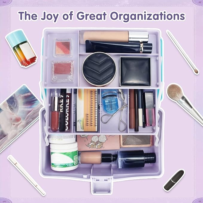 12in 3-Layer Plastic Craft Organizers and Storage, Portable Folding Tackle Box with Handle & Adjustable Dividers, Multipurpose Case for Sewing, Art Supplies, Medicine, Tools (Purple Blue)