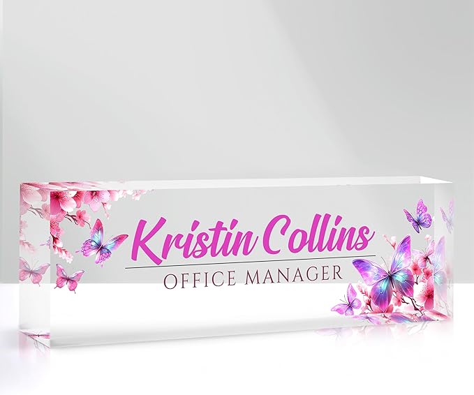 Custom Name Plate for Desk, Personalized Desk Name Plate on Clear Acrylic Glass, Appreciation Gifts for Teacher Employee Boss Coworkers Nurse, Office Desk Accessories for Women Men (Bubblegum)