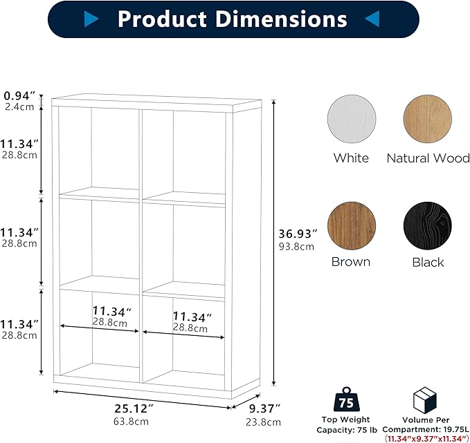 6 Cube Storage Organizer, 2x3 Cube Bookshelf, Cubby Storage Shelf, Wooden Organizer Shelf with Thickened Boards, for Closet Bedroom Home Office Living Room, 36.93" L x 9.37" W x 25.12" H, White
