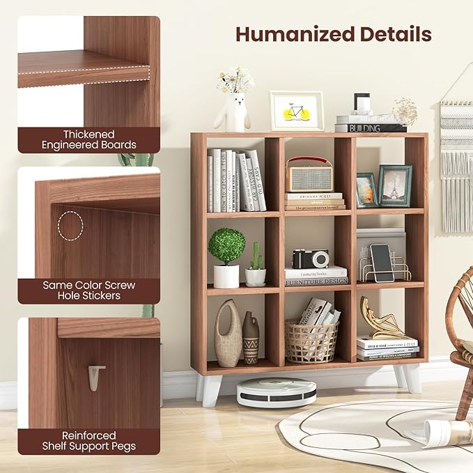 Giantex 9-Cube Open Bookcase, 3-Tier Freestanding Bookshelf with 4 Slanted Legs & 6 Removable Shelves, Modern Cubby Storage Organizer, Wood Display Book Shelf for Living Room Bedroom Study, Brown