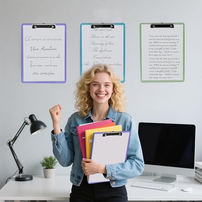 Dovesail 12 Pack Plastic Clipboards A4 Letter Size, 12.5" x 9" Multi Color Clipboards Bulk, Hangable Clip Boards with Low Profile Metal Clip,Office Supplies Classroom