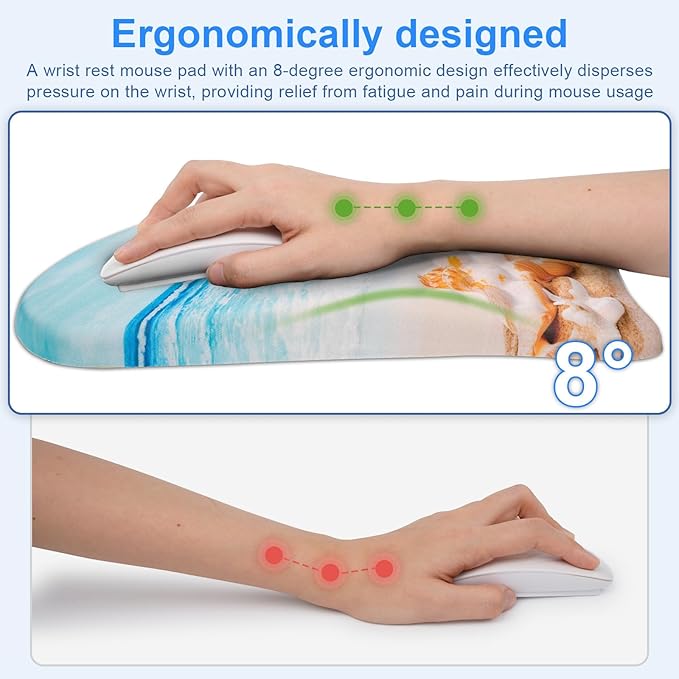 Ergonomic Wrist Mouse Pad with Massage Design, Wrist Rest Pain Relief Mousepad with Memory Foam Non-Slip PU Base, Mouse Pad with Wrist Support for Wireless Mouse & Desk,Y Starfish and Beach