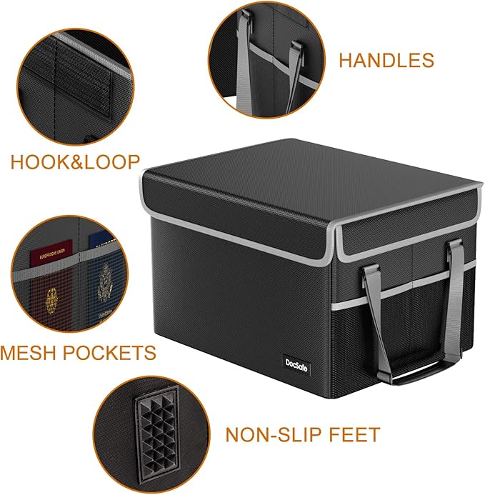 DocSafe File Box Fireproof File Storage Organizer with Lid,Collapsible Document Storage Filing Case for Hanging Letter/Legal Folders,Portable Home Office Safe Cabinet with Handle,Black,2 Pack