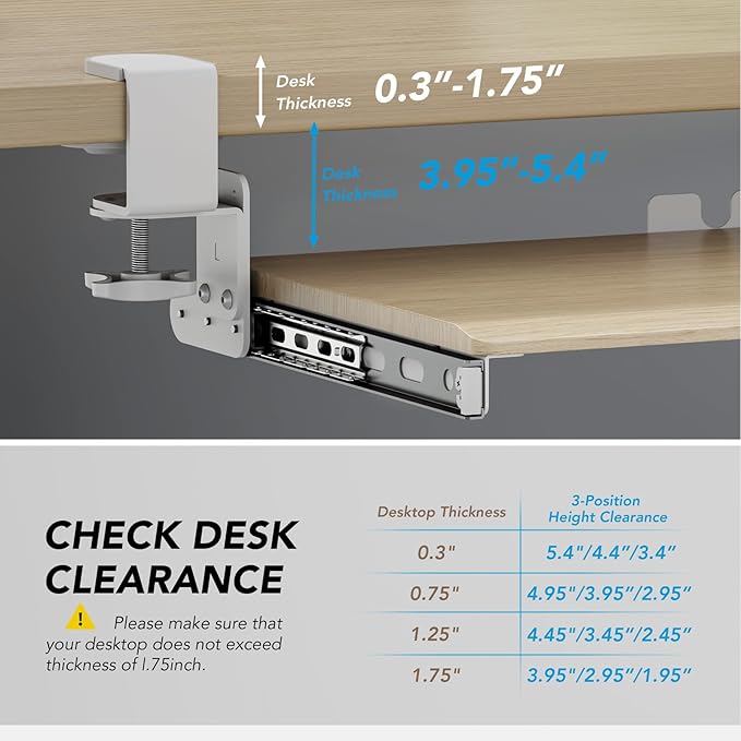 AX WABER Keyboard Tray Under Desk Pull Out with Extra Sturdy C Clamp Mount System, 27.3 (32.5 inch Including Clamps) x 11 Inch Slide-Out Platform Computer Drawer for Typing Grain AX01WG01