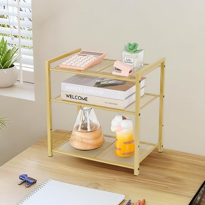 Desktop Shelf Organizer, 3-Tier Office Storage Rack, Adjustable Metal Bookshelf for Top of Desk, Desk Organizer for Office, Home, Dorm and Small Spaces (Gold)