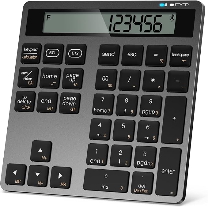 Rechargeable Wireless Number Pad for Laptop, 34 Keys Numeric Keypad with Dual Bluetooth & Display, 2-in-1 Numpad and Calculator, Slim Portable Number Pad Keyboard for Windows, Mac, PC, Tablet