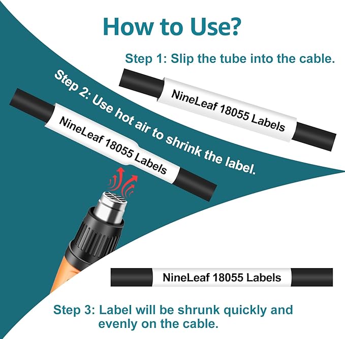 Nineleaf 10 Pack Industrial Heat Shrink Tube 18055 Compatible for DYMO Rhino A18055 12mm 1/2" Black on White Industrial Wire Label Tape for Rhino Pro 3000 4200 5000 5200 6000 3M Label Maker