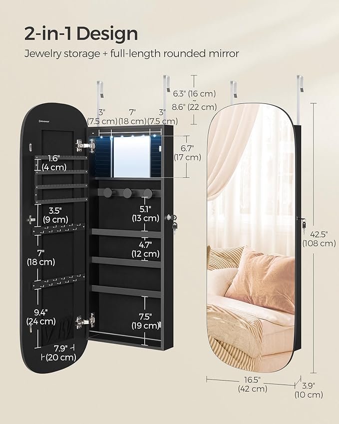 SONGMICS Jewelry Organizer, LED Jewelry Cabinet Wall/Door Mounted, Lockable Rounded Wide Mirror with Storage, Interior Mirror, 3.9 x 16.5 x 42.5 Inches, Black Surface with Black Lining