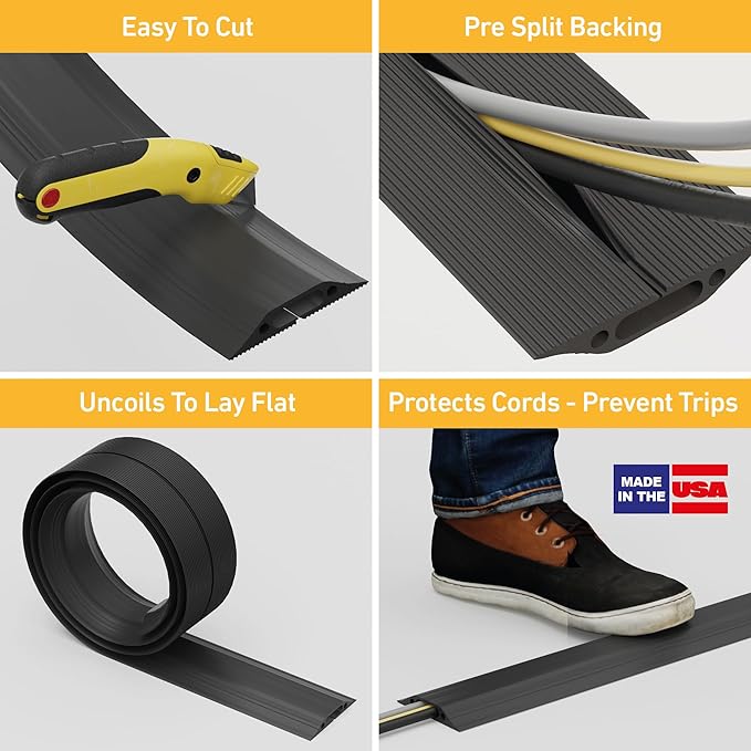 D-Line 30ft Floor Cord Cover, Made in USA Linkable Cable Protector, Hide Extension Cords, Protect Cords, Prevent Cable Trips, Cord Hider, Heavy Duty - Cord Cavity = 1.18" (W) x 0.39" (H) - Black